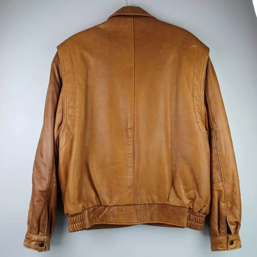 CACCIA Men's SZ M Vintage Camel Color Buttery Soft Leather Bomber Jacket 80's